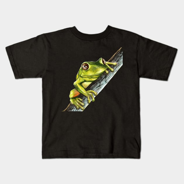 Green tree frog on a branch with big eyes Kids T-Shirt by pickledpossums